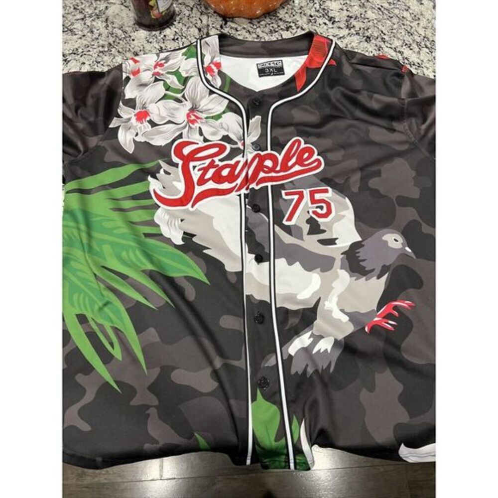 Staple World Renown Pigeon Brand Black Camo Floral Bird Baseball Jersey Mens 3XL